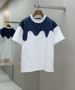 1V老花牛仔面料拼接短袖T恤