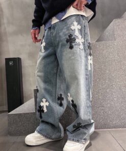 克罗心限定黑白拼皮洗水牛仔裤_7214
