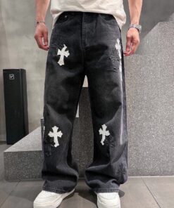 克罗心限定黑白拼皮洗水牛仔裤
